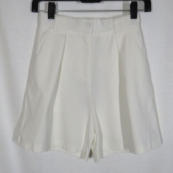 OGL White Bamboo Blend Ponte Knit Pleated High Waist Zip Up Shorts Size XS - Picture 2 of 5